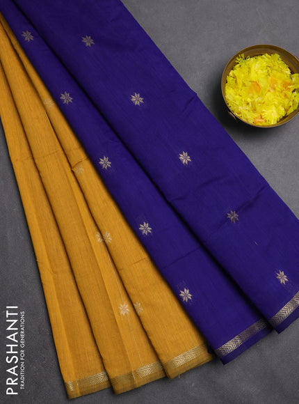 Semi maheswari cotton saree mustard yellow and blue with zari woven buttas and small zari woven border