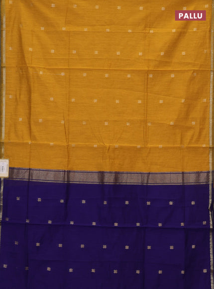 Semi maheswari cotton saree mustard yellow and blue with zari woven buttas and small zari woven border