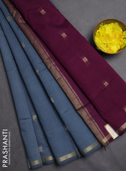 Semi maheswari cotton saree grey and magenta pink with zari woven buttas and small zari woven border