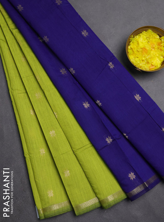 Semi maheswari cotton saree lime green and blue with zari woven buttas and small zari woven border