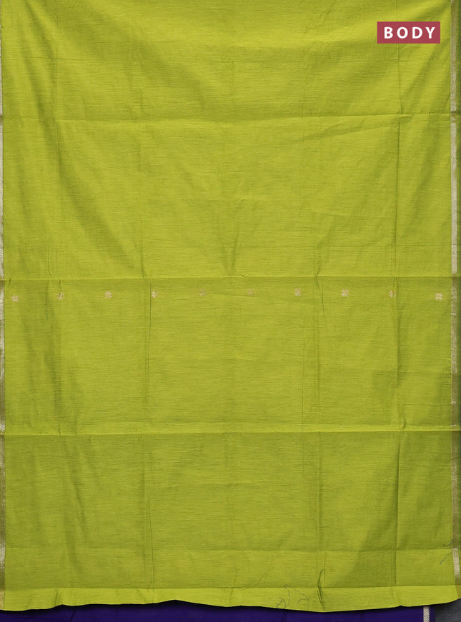 Semi maheswari cotton saree lime green and blue with zari woven buttas and small zari woven border