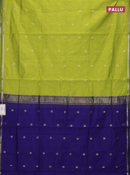 Semi maheswari cotton saree lime green and blue with zari woven buttas and small zari woven border