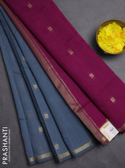 Semi maheswari cotton saree grey and magenta pink with zari woven buttas and small zari woven border