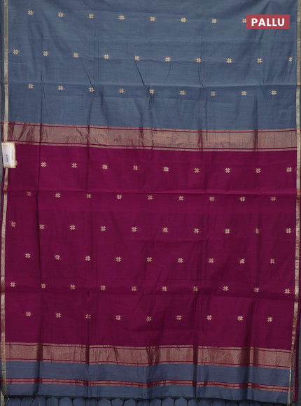 Semi maheswari cotton saree grey and magenta pink with zari woven buttas and small zari woven border
