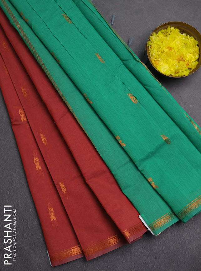 Semi maheswari cotton saree brown and green with zari woven buttas and small zari woven border