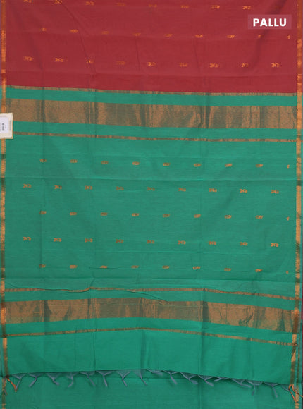 Semi maheswari cotton saree brown and green with zari woven buttas and small zari woven border