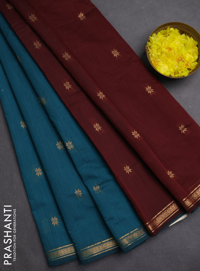 Semi maheswari cotton saree peacock green and dark maroon with zari woven buttas and small zari woven border