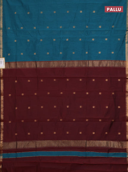 Semi maheswari cotton saree peacock green and dark maroon with zari woven buttas and small zari woven border