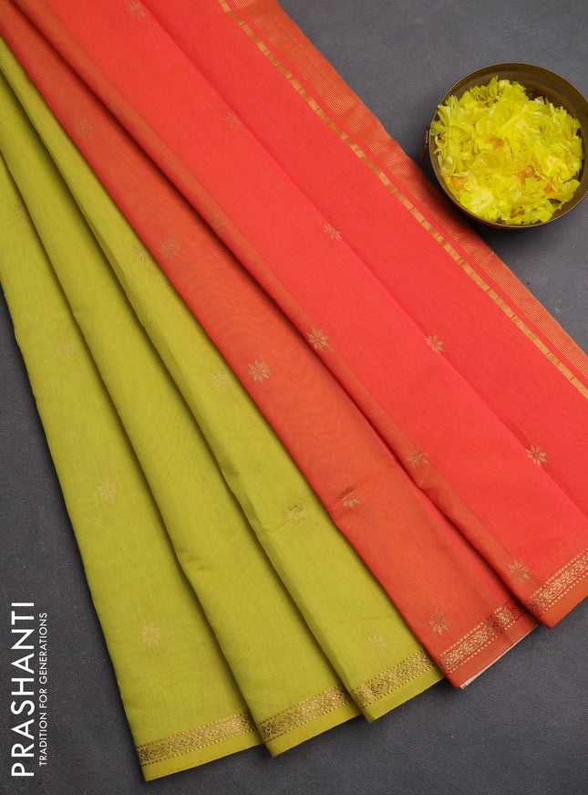 Semi maheswari cotton saree lime green and orange with zari woven buttas and small zari woven border