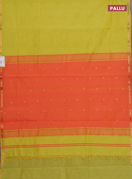 Semi maheswari cotton saree lime green and orange with zari woven buttas and small zari woven border