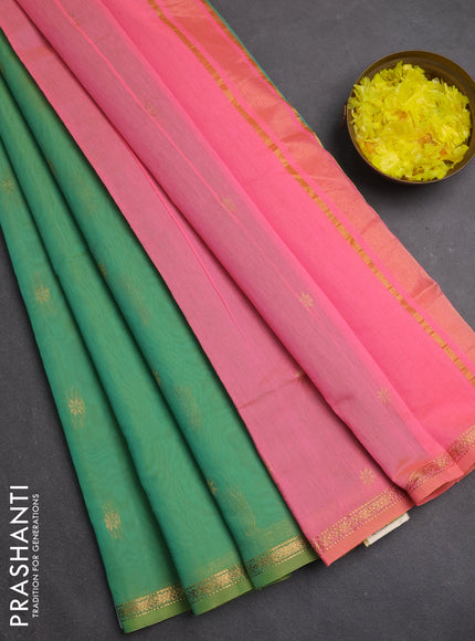 Semi maheswari cotton saree light green and peach pink with zari woven buttas and small zari woven border