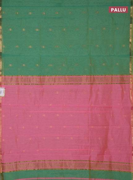 Semi maheswari cotton saree light green and peach pink with zari woven buttas and small zari woven border