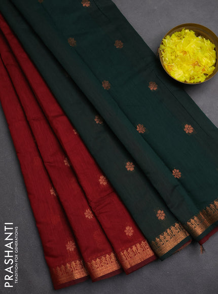 Semi maheswari cotton saree maroon and green with copper zari woven buttas and small copper zari woven border