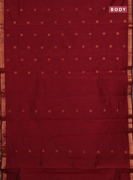 Semi maheswari cotton saree maroon and green with copper zari woven buttas and small copper zari woven border