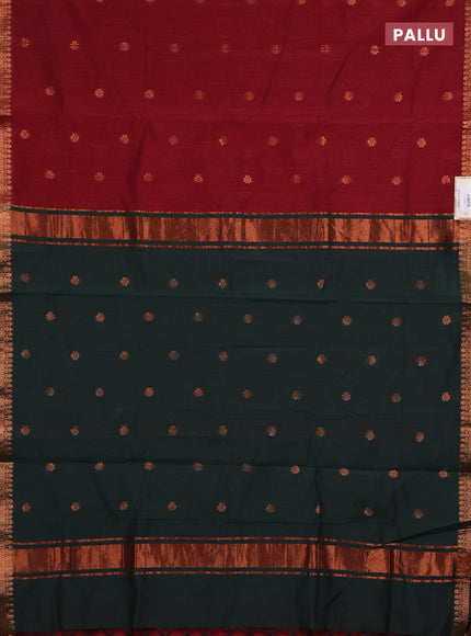 Semi maheswari cotton saree maroon and green with copper zari woven buttas and small copper zari woven border
