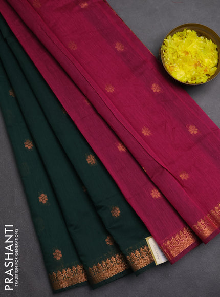 Semi maheswari cotton saree bottle green and magenta pink with copper zari woven buttas and small copper zari woven border