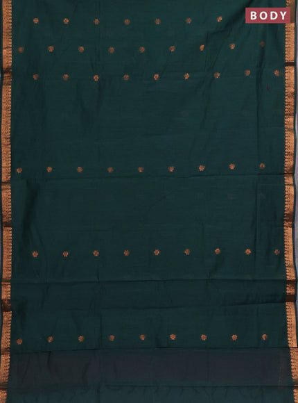 Semi maheswari cotton saree bottle green and magenta pink with copper zari woven buttas and small copper zari woven border