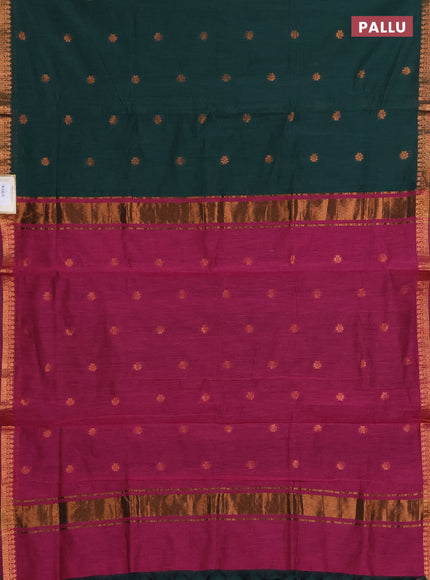 Semi maheswari cotton saree bottle green and magenta pink with copper zari woven buttas and small copper zari woven border