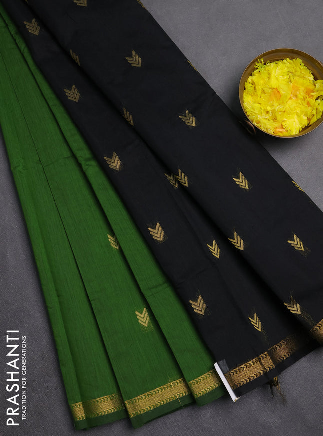 Semi maheswari cotton saree green and black with zari woven buttas and small zari woven border