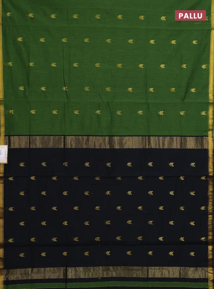 Semi maheswari cotton saree green and black with zari woven buttas and small zari woven border