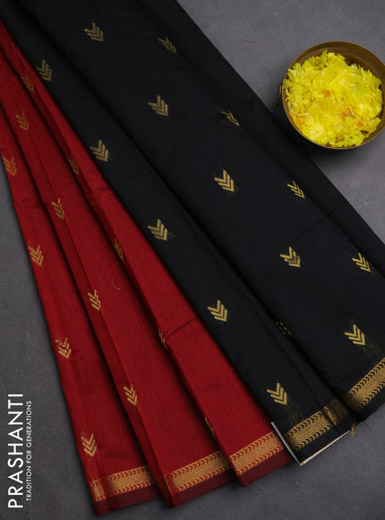 Semi maheswari cotton saree maroon and black with zari woven buttas and small zari woven border