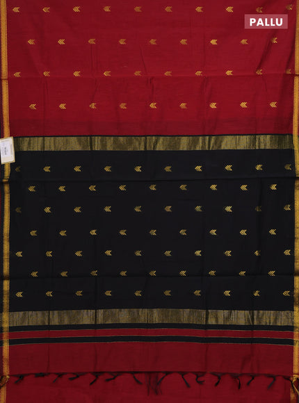 Semi maheswari cotton saree maroon and black with zari woven buttas and small zari woven border