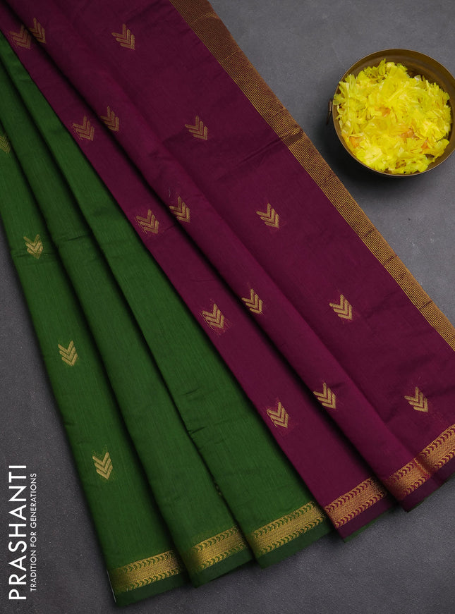 Semi maheswari cotton saree green and magenta pink with zari woven buttas and small zari woven border