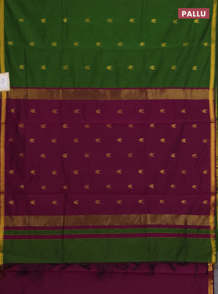 Semi maheswari cotton saree green and magenta pink with zari woven buttas and small zari woven border