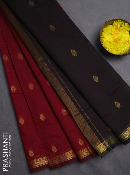 Semi maheswari cotton saree maroon and black with zari woven buttas and small zari woven border