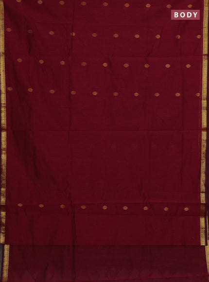 Semi maheswari cotton saree maroon and black with zari woven buttas and small zari woven border