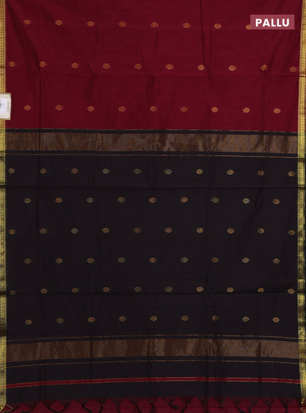 Semi maheswari cotton saree maroon and black with zari woven buttas and small zari woven border