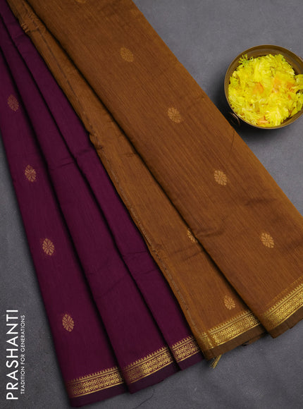 Semi maheswari cotton saree purple and dark mustard yellow with zari woven buttas and small zari woven border