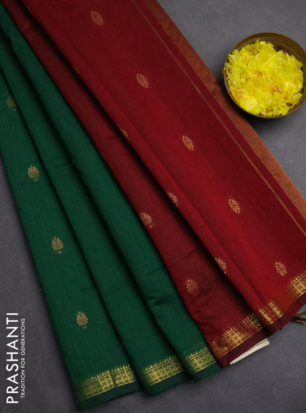 Semi maheswari cotton saree green and maroon with zari woven buttas and small zari woven border