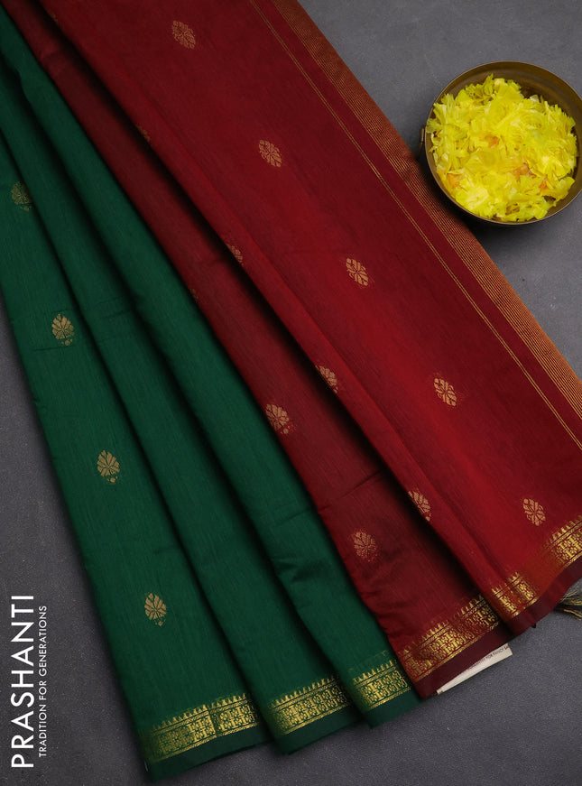 Semi maheswari cotton saree green and maroon with zari woven buttas and small zari woven border