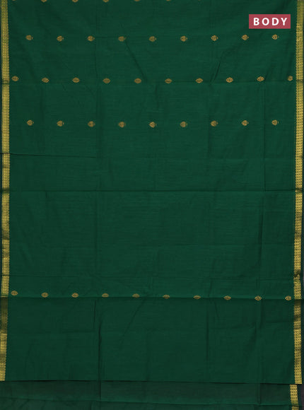 Semi maheswari cotton saree green and maroon with zari woven buttas and small zari woven border