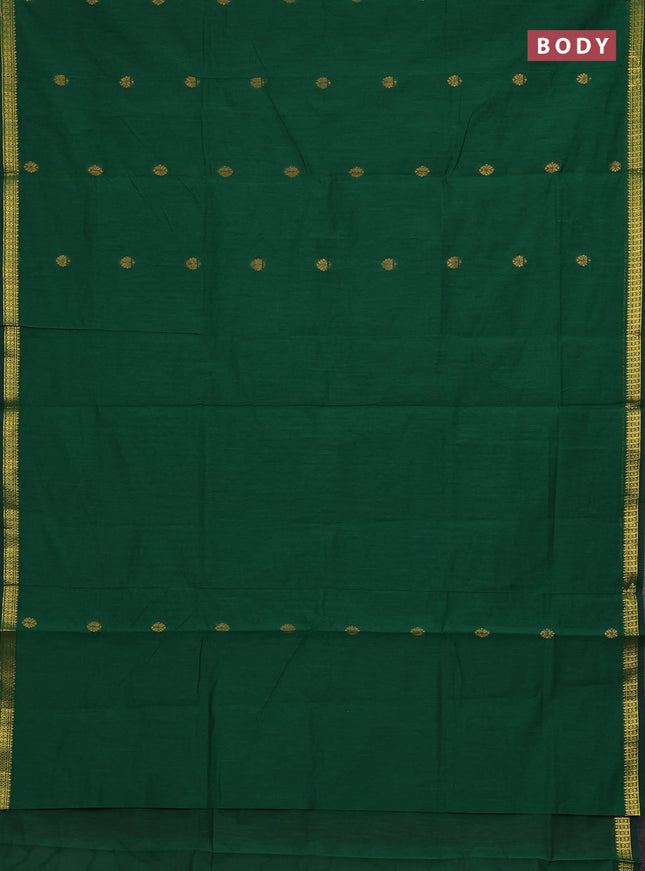 Semi maheswari cotton saree green and maroon with zari woven buttas and small zari woven border