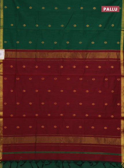 Semi maheswari cotton saree green and maroon with zari woven buttas and small zari woven border