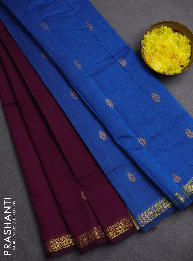 Semi maheswari cotton saree purple and blue with zari woven buttas and small zari woven border
