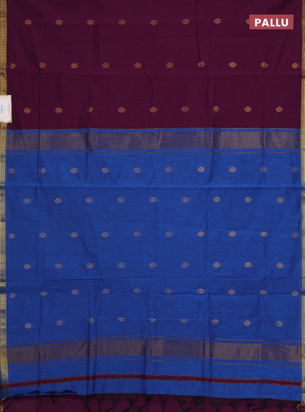 Semi maheswari cotton saree purple and blue with zari woven buttas and small zari woven border