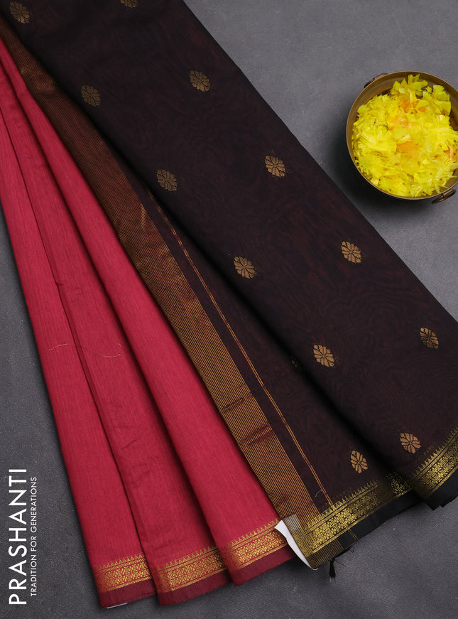 Semi maheswari cotton saree pink shade and black with zari woven buttas and small zari woven border