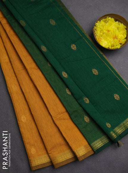 Semi maheswari cotton saree mustard yellow and green with zari woven buttas and small zari woven border