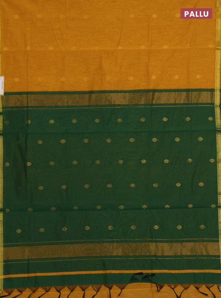 Semi maheswari cotton saree mustard yellow and green with zari woven buttas and small zari woven border