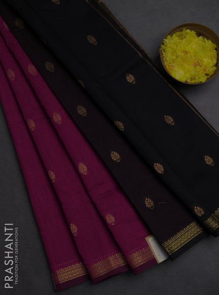 Semi maheswari cotton saree magenta pink and black with zari woven buttas and small zari woven border