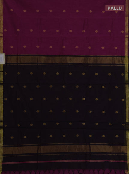 Semi maheswari cotton saree magenta pink and black with zari woven buttas and small zari woven border
