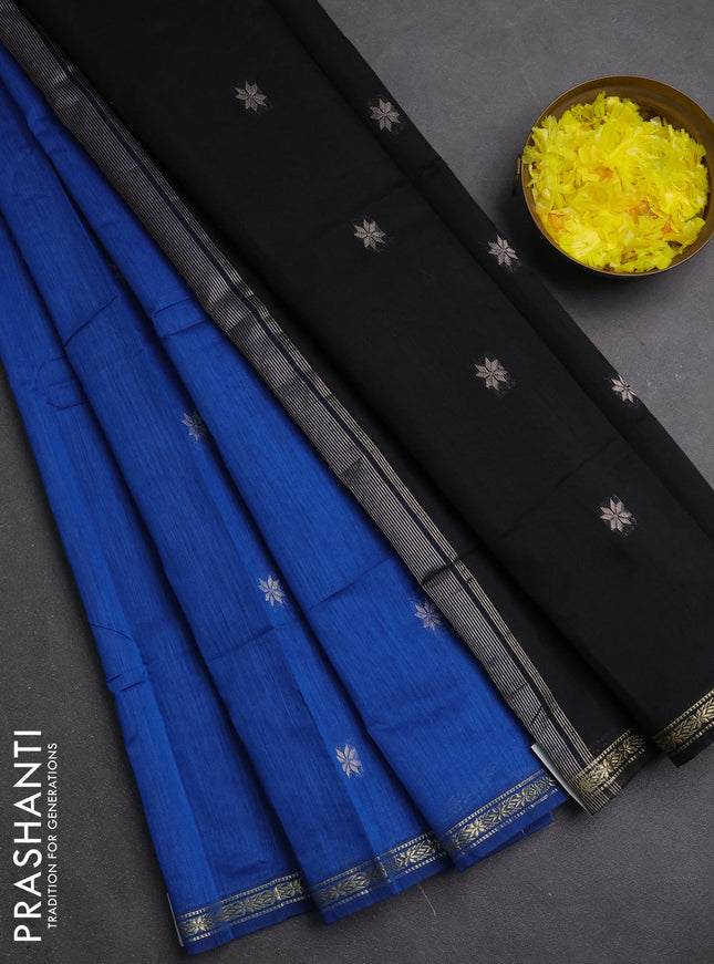 Semi maheswari cotton saree blue and black with zari woven buttas and small zari woven border