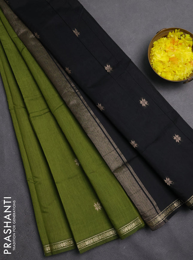 Semi maheswari cotton saree mehendi green and black with zari woven buttas and small zari woven border