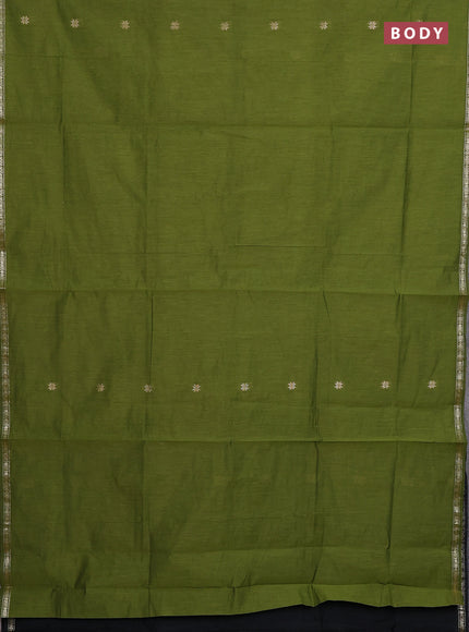 Semi maheswari cotton saree mehendi green and black with zari woven buttas and small zari woven border