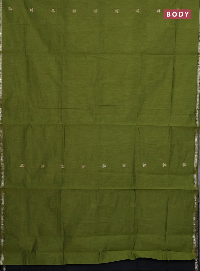 Semi maheswari cotton saree mehendi green and black with zari woven buttas and small zari woven border