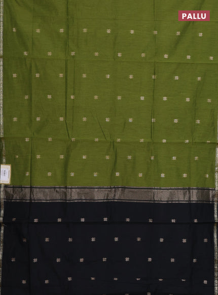 Semi maheswari cotton saree mehendi green and black with zari woven buttas and small zari woven border