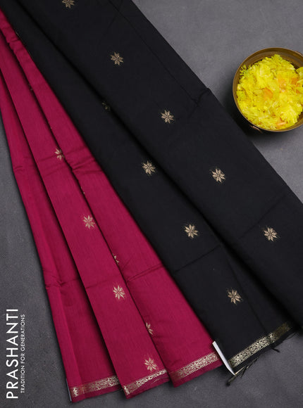 Semi maheswari cotton saree magenta pink and black with zari woven buttas and small zari woven border